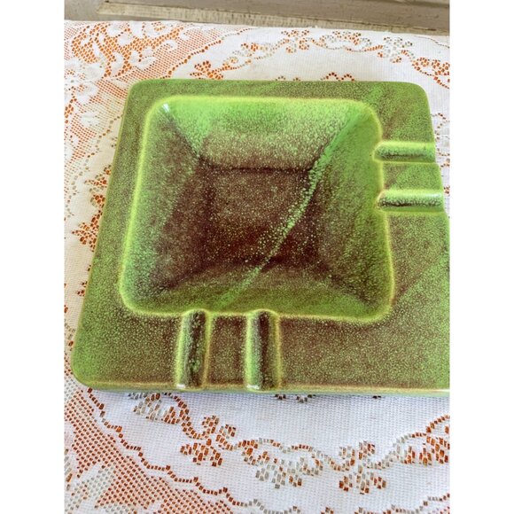 Vintage Mcm 1960s Green & Brown Glazed Ceramic Ashtray - Picture 7 of 9
